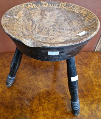 Lot 907 - An antique pokerwork stool, the seat decorated...