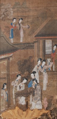 Lot 585 - A Chinese painted silk picture, late 19th...