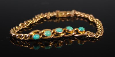 Lot 495 - A yellow metal and turquoise bracelet, set...