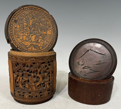 Lot 422 - A Chinese carved bamboo cylindrical storage...