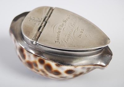 Lot 273 - A Scottish silver-mounted cowrie shell snuff...