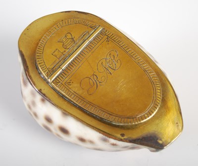 Lot 221 - A large cowrie shell snuff box with brass...