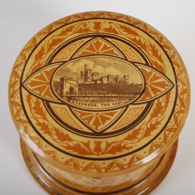 Lot 200 - A Mauchline ware circular string box, the...