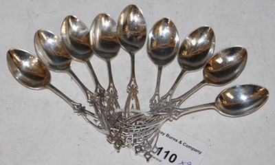 Lot 110 - A set of eight silver Art Nouveau teaspoons,...