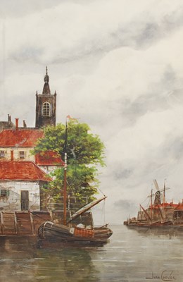 Lot 741 - Jan van Couver (Dutch 1836-1909) Canal scene...