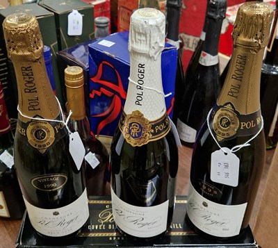 Lot 381 - Three bottles, a Pol Roger Champagne Brut 1990...