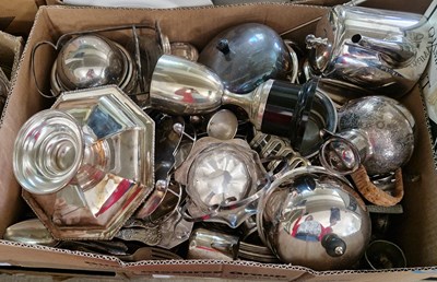 Lot 574 - Two boxes of assorted mixed metal wares to...