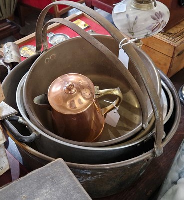 Lot 502 - Kitchenalia - two graduated copper jelly pans;...