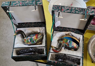 Lot 470 - Two Chinese cloisonne duck form trinket boxes...