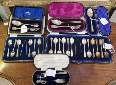 Lot 190 - Six cased sets of assorted silver flatware to...