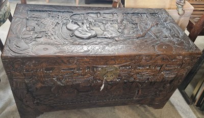 Lot 938 - A Chinese camphor wood blanket box, carved in...