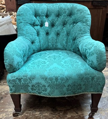 Lot 830 - An Edwardian mahogany armchair with blue/green...