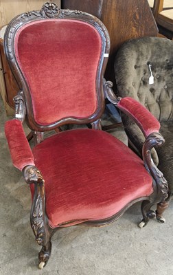 Lot 842 - A Victorian walnut armchair with claret...