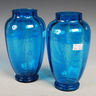 Lot 5 - A pair of Mary Gregory style blue glass vases,...