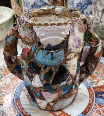 Lot 321 - An unusual pique assiette mosaic twin-handled...