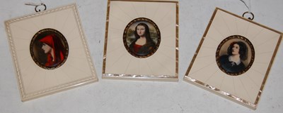 Lot 82 - Three decorative portrait miniatures in faux...