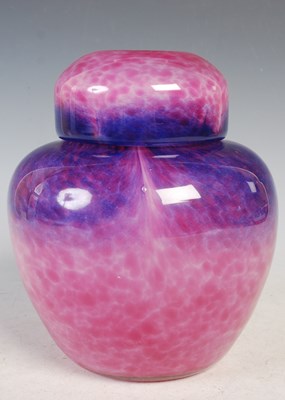 Lot 174 - A rare Monart jar and cover, mottled pink and...
